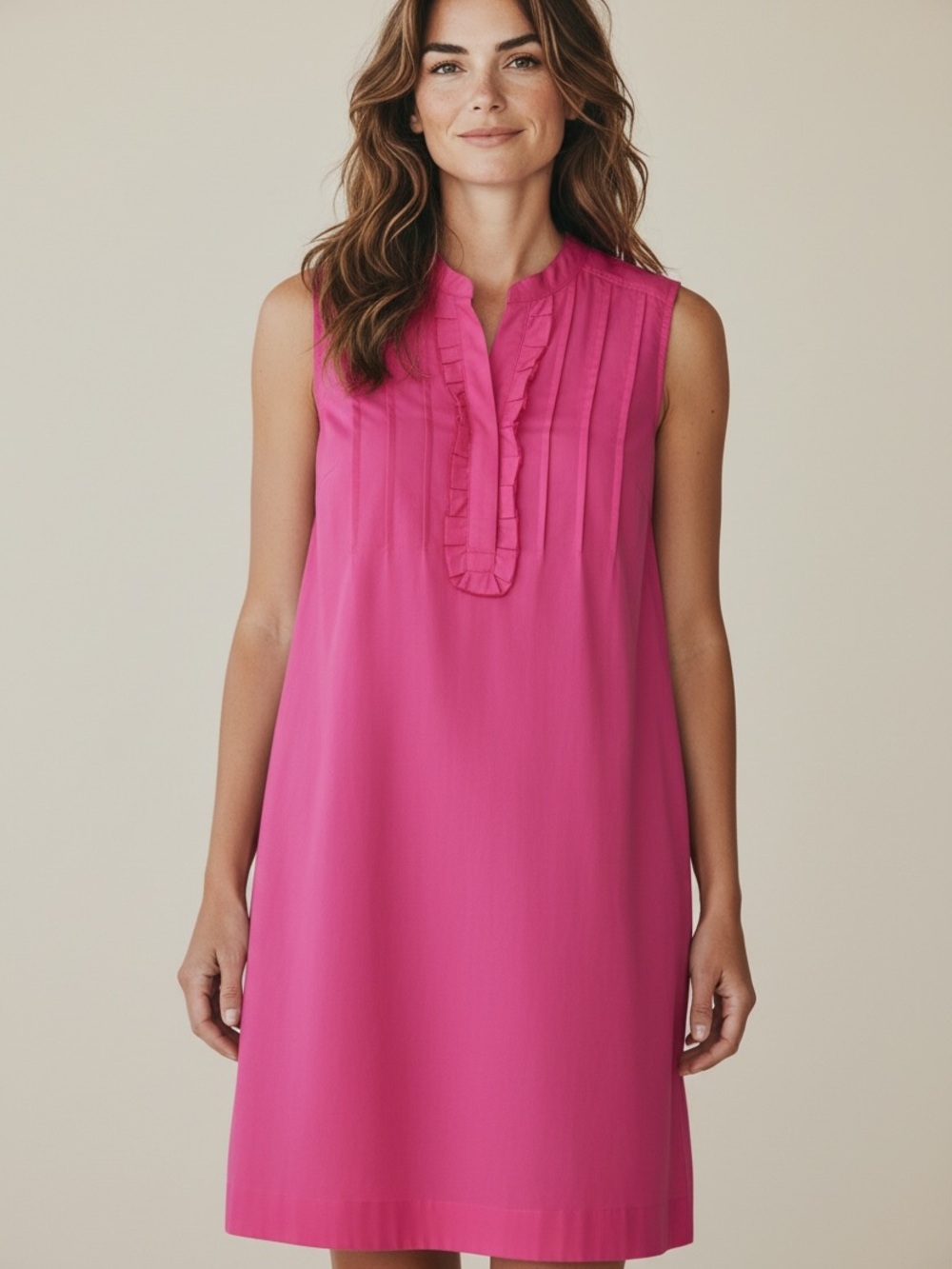 NWT Lands' End Sleeveless Pink Ruffled V Neck Dress w Pintuck Front Sz 10